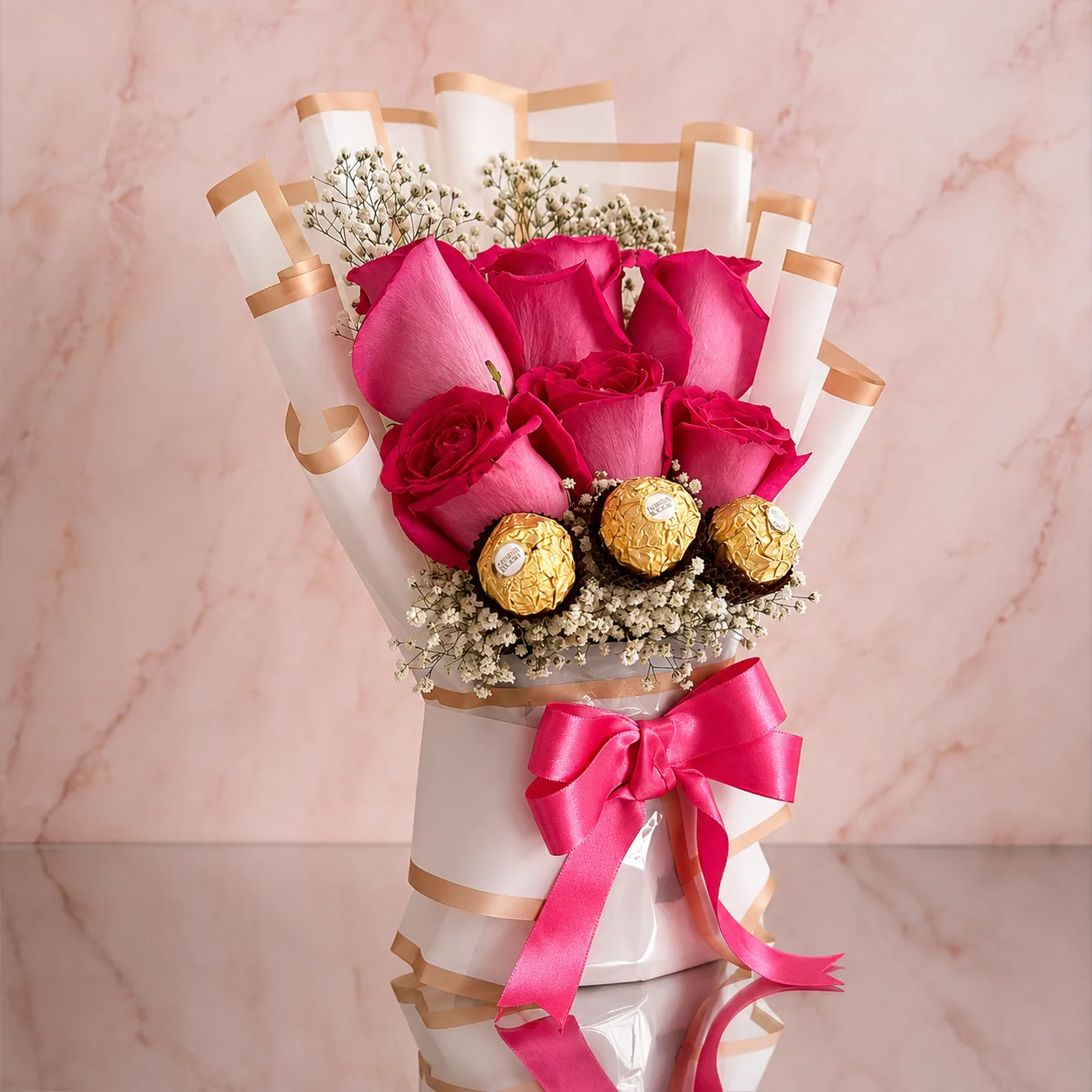REF. 013, Bouquet de Rosas Fucsia con Ferrero Rocher
