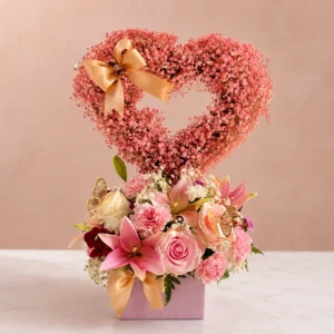 Corazón de Nube Rosada con Lirios