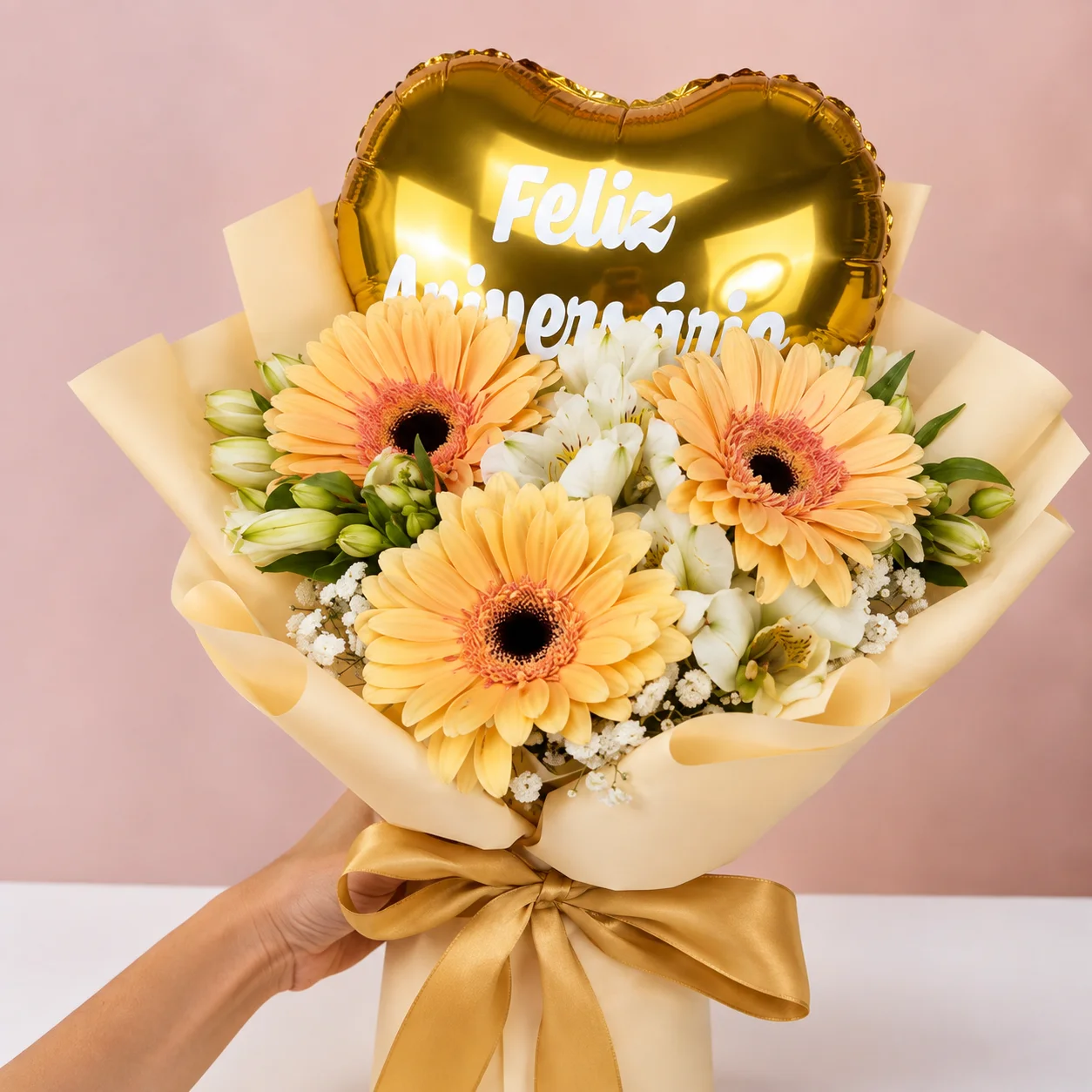 REF. 021, Ramo de Gerberas Durazno con Globo