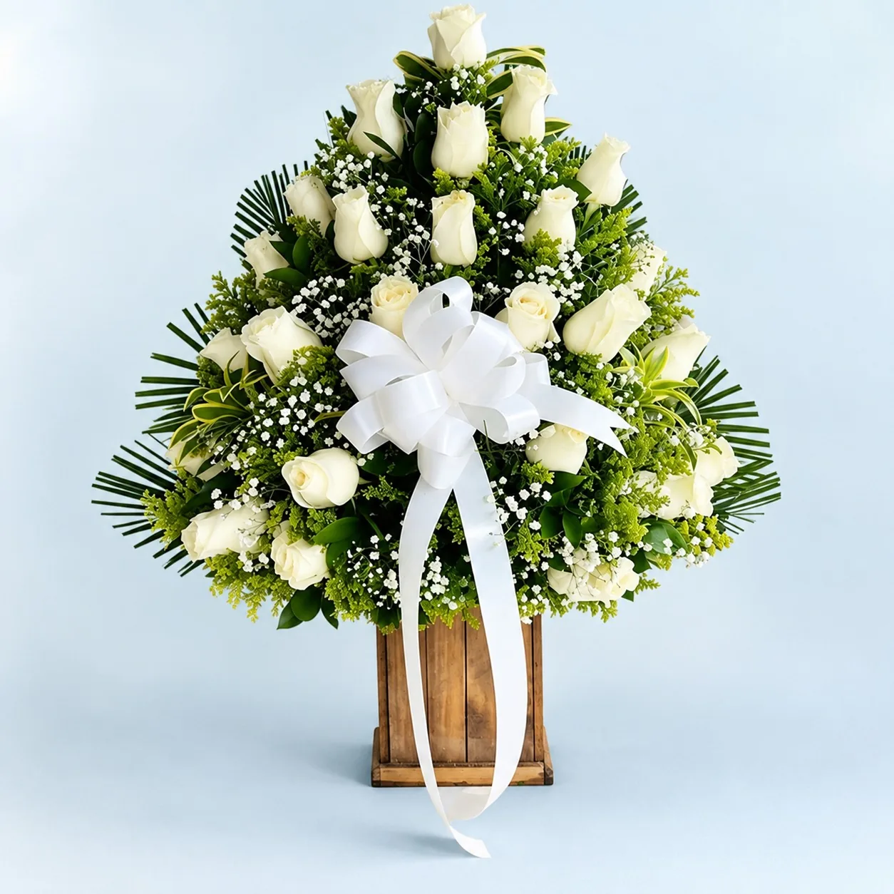 REF. 023, Arreglo Fúnebre de Rosas Blancas en Base de Madera