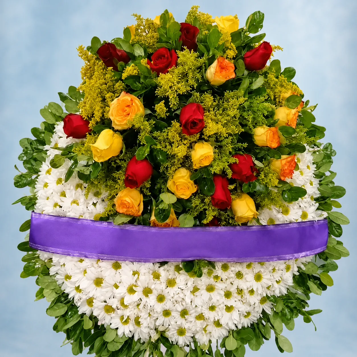 REF. 024, Corona Fúnebre Multicolor con Cinta Morada