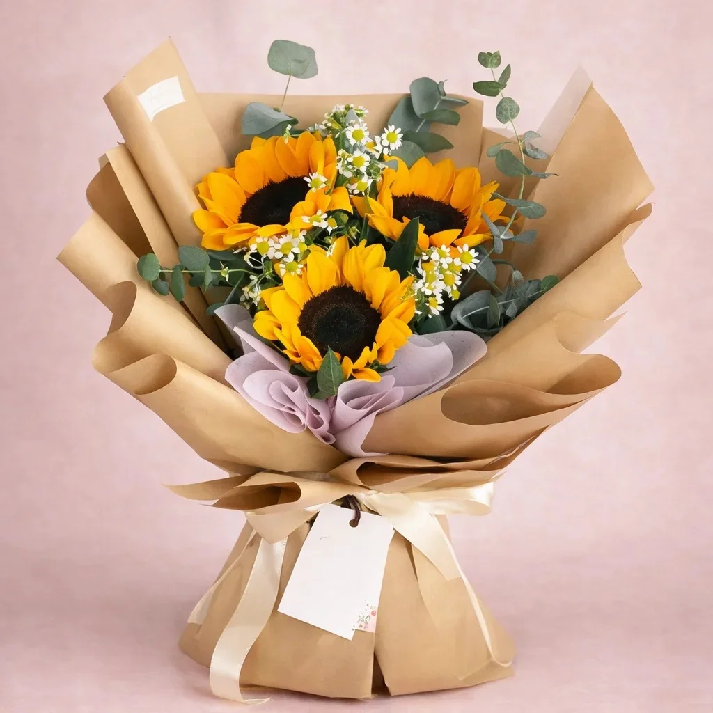 REF. 025, ramo de girasoles con eucalipto en papel kraft