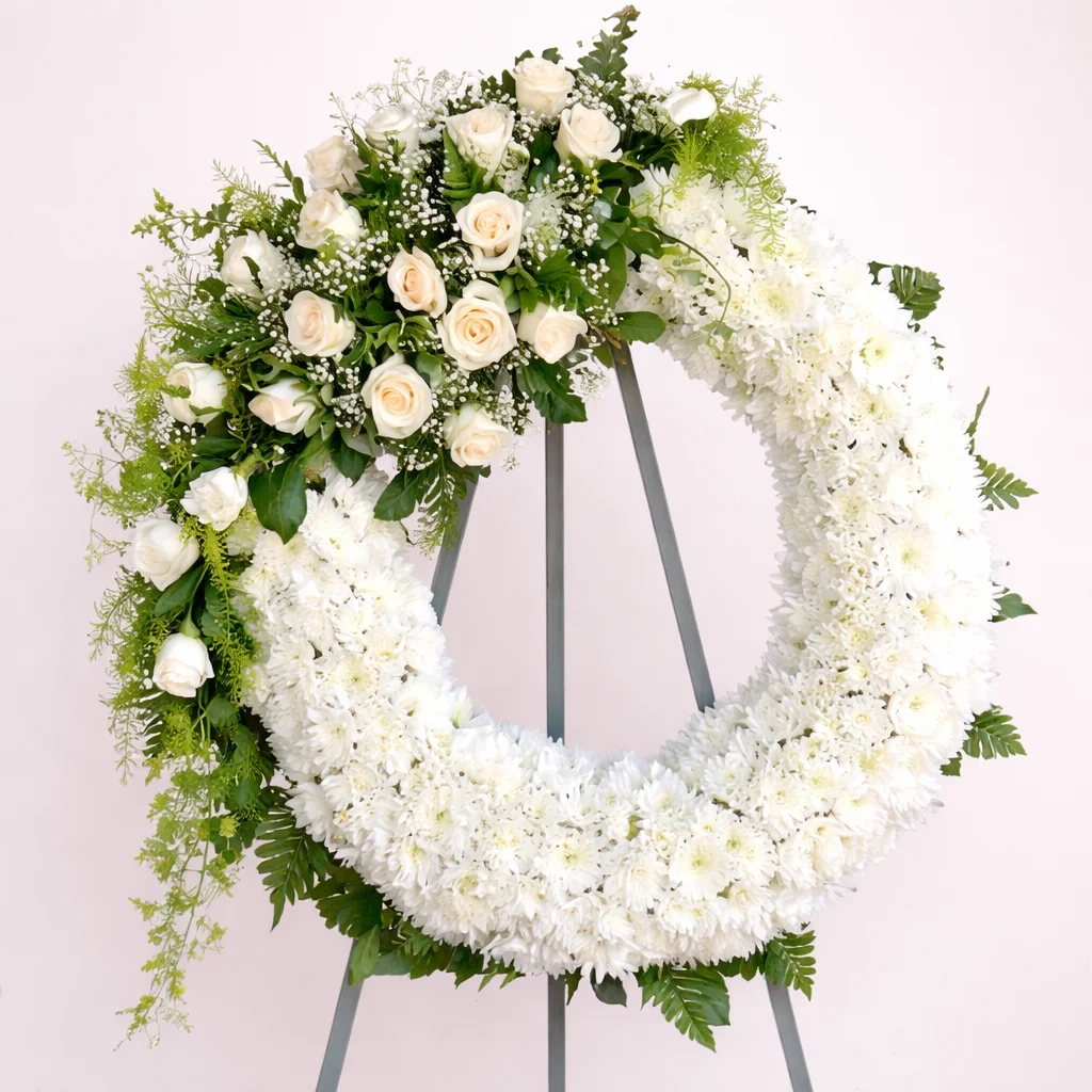 REF. 032, Corona Fúnebre Blanca con Rosas Champagne