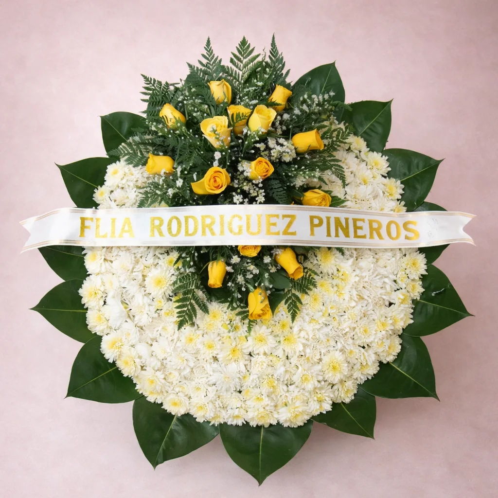REF. 033, Corona Fúnebre con Rosas Amarillas y Cinta Personalizada